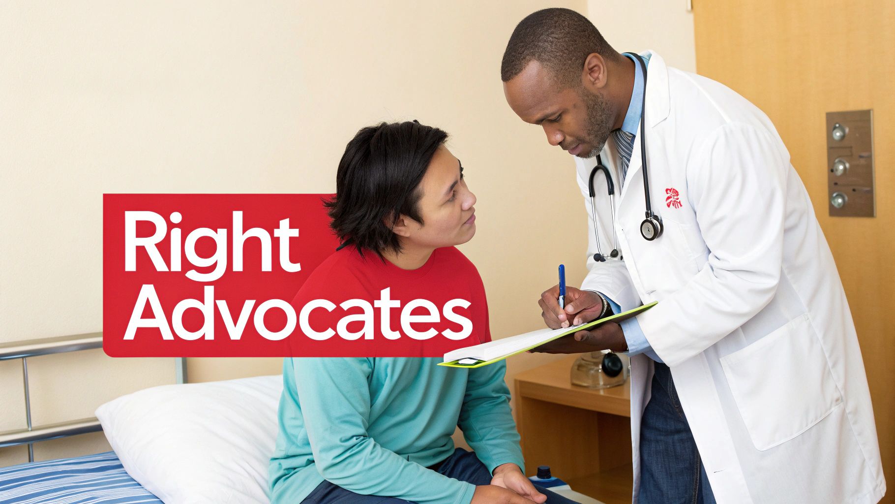 A doctor writes on a clipboard while talking to a patient sitting on a hospital bed.