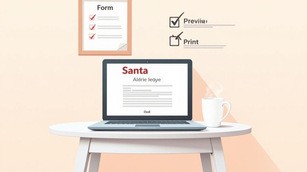 A laptop displays an online Santa letter form with a hot mug and checklist documents on the wall.
