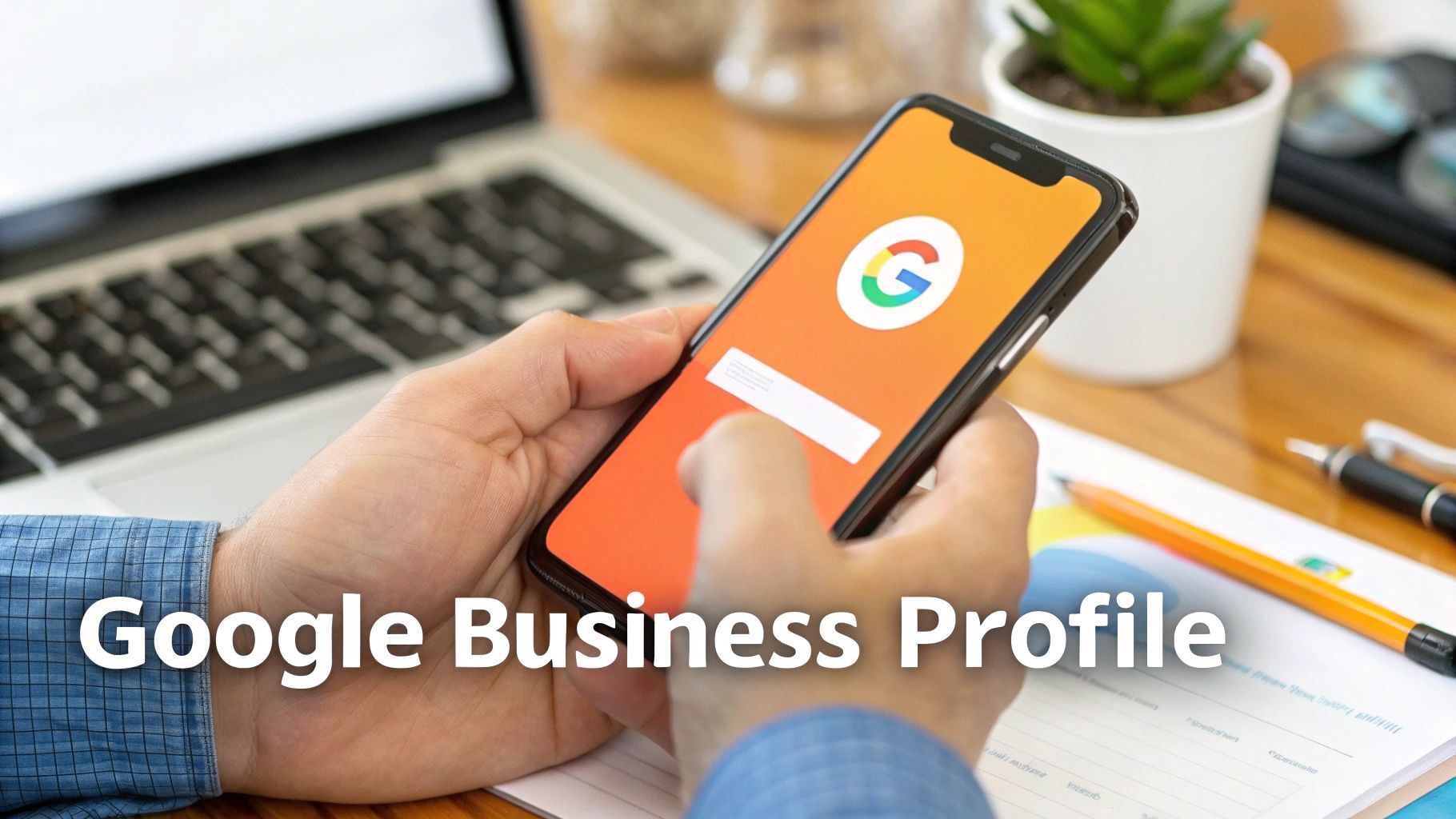A person holds a smartphone displaying the Google logo and search bar, signifying Google Business Profile management.