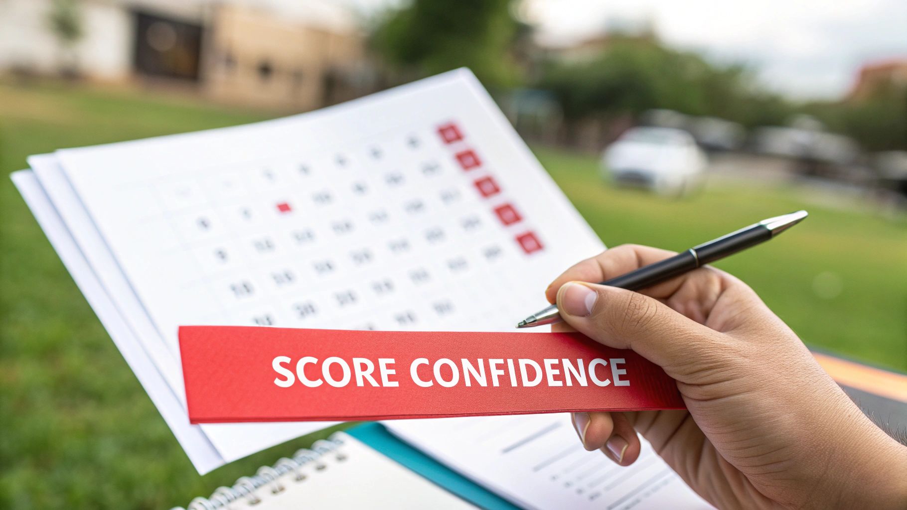 Close-up of a hand holding a 'SCORE CONFIDENCE' card, a pen, and a calendar outdoors.