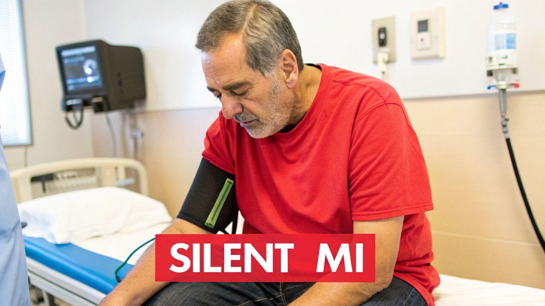 An older man with a blood pressure cuff on his arm in a hospital room, looking down.