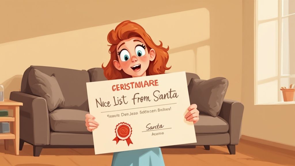 A cheerful cartoon girl with red hair holding a 'Nice List from Santa' certificate in a cozy living room.