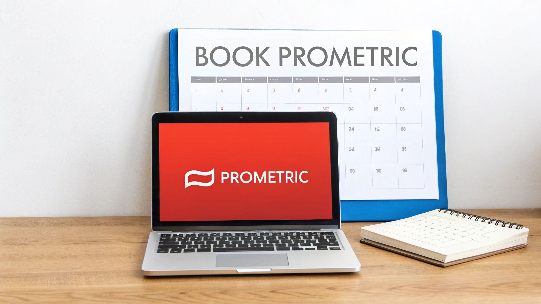 A laptop displaying the Prometric logo and text, with a 'Book Prometric' calendar and notebook.