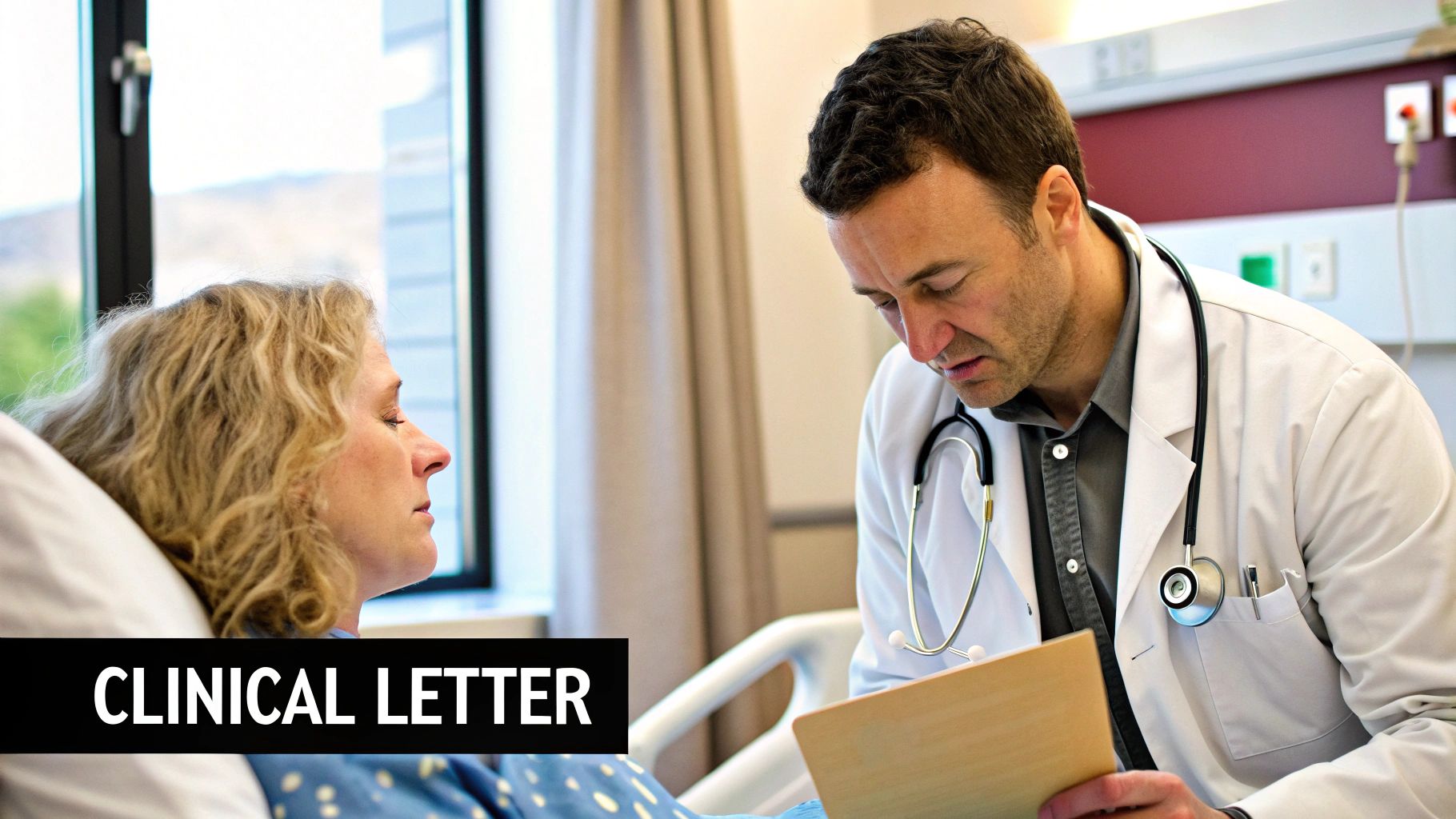 Infographic detailing the key aspects of a Clinical Attending Physician Letter, emphasizing direct observation of clinical skills and performance.