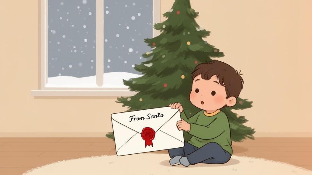 A surprised cartoon boy sits on the floor, holding a letter from Santa by a Christmas tree and snowy window.