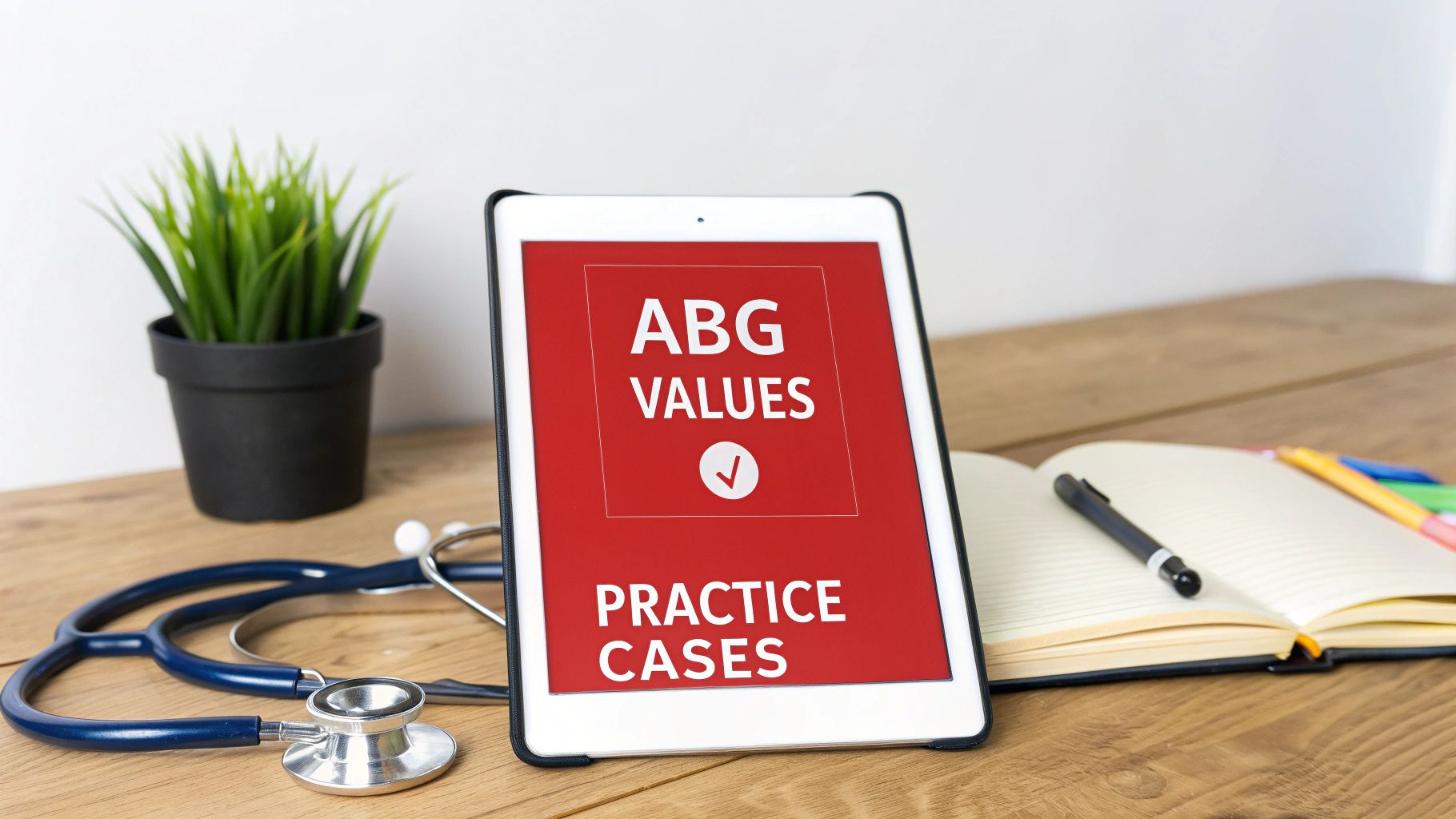 A tablet displays 'ABG VALUES PRACTICE CASES' with a stethoscope and notebook on a wooden desk.