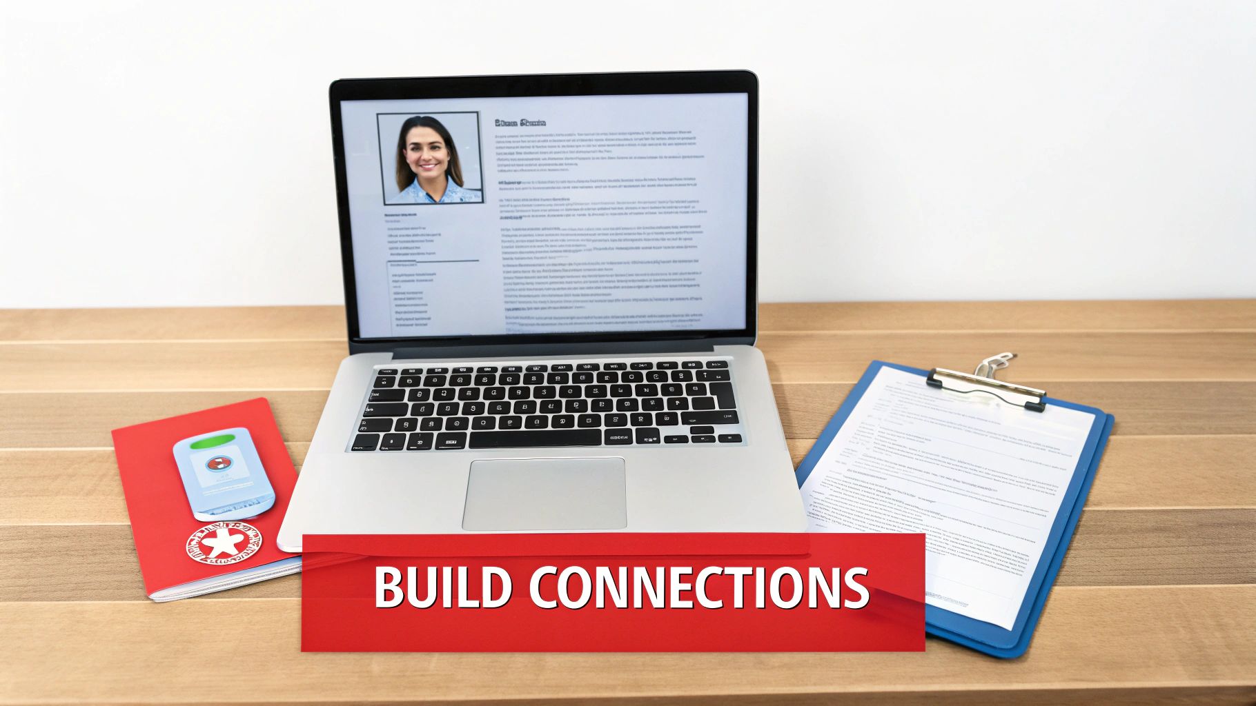 A laptop displays a resume with a woman's photo, next to a notebook and clipboard, on a wooden desk with a 'BUILD CONNECTIONS' banner.