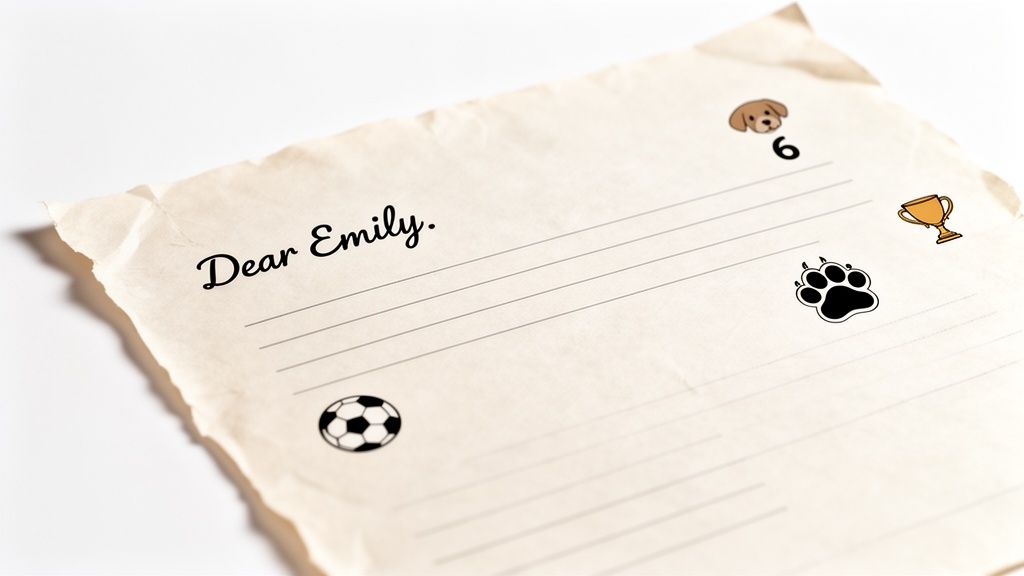 Crumpled letter 'Dear Emily.' features ruled lines and playful stickers: a dog, number six, and a soccer ball.