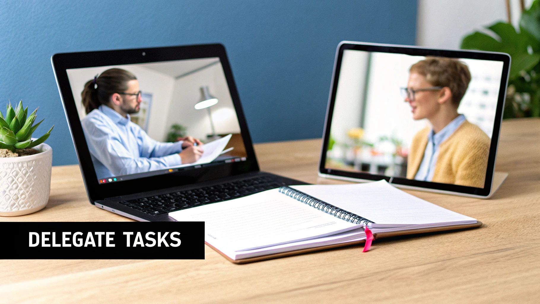 Delegating tasks through video conferencing on a laptop and tablet with an open notebook.