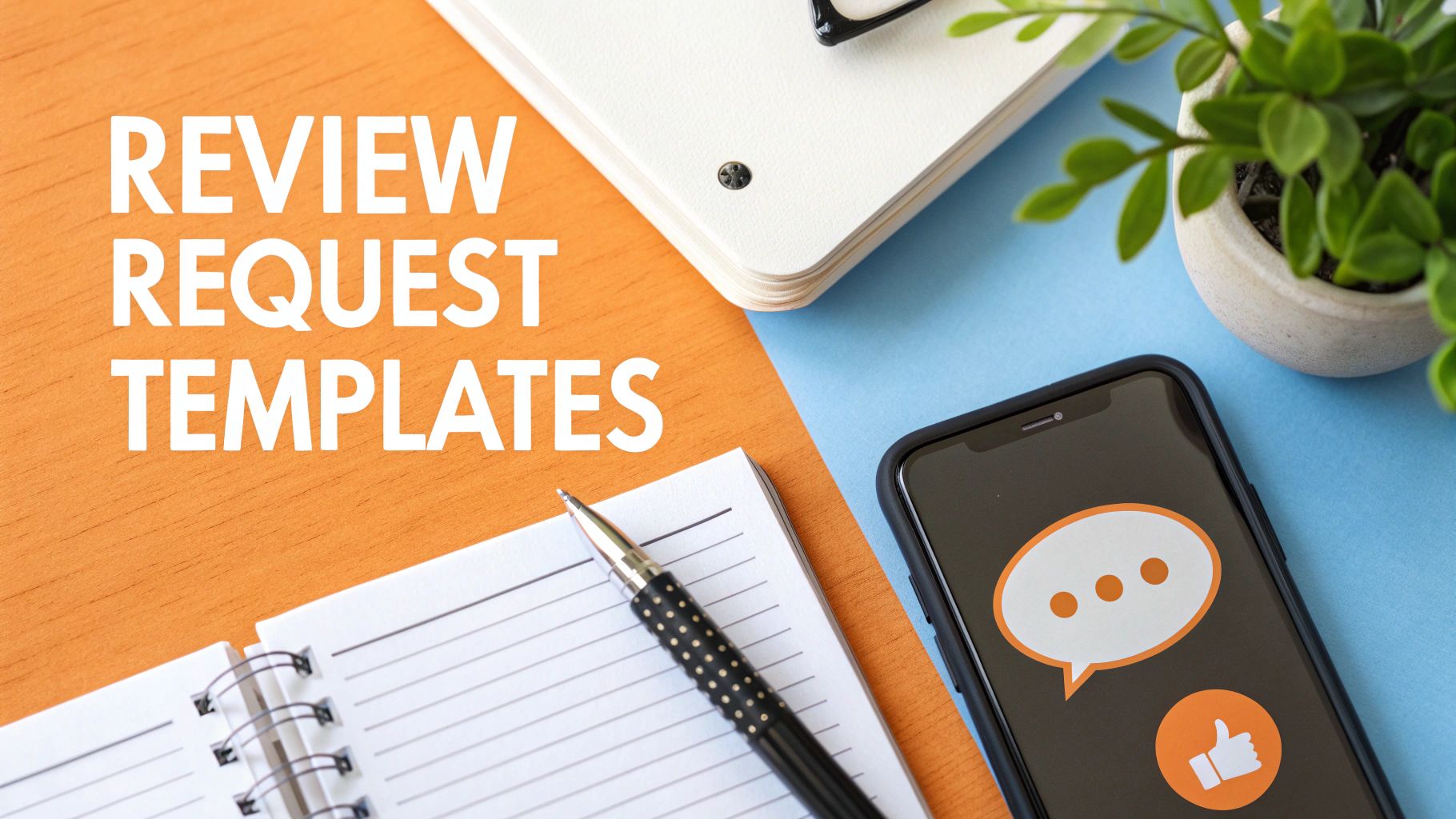 Desk flat lay with a pen, notepad, phone showing review icons, and text 'REVIEW REQUEST TEMPLATES'.