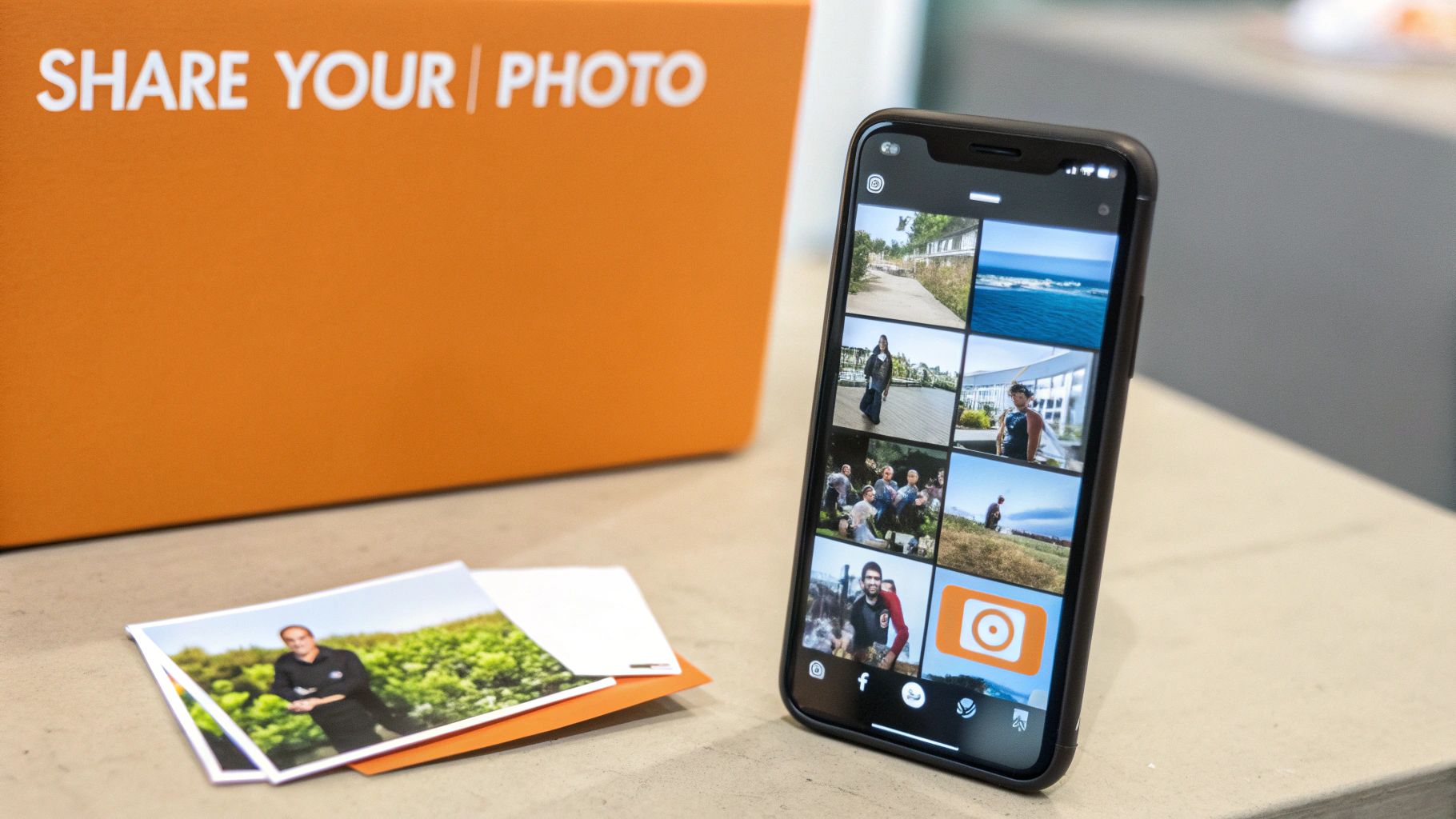 A smartphone showcasing a photo gallery app with physical printed photos and a "SHARE YOUR PHOTO" display.
