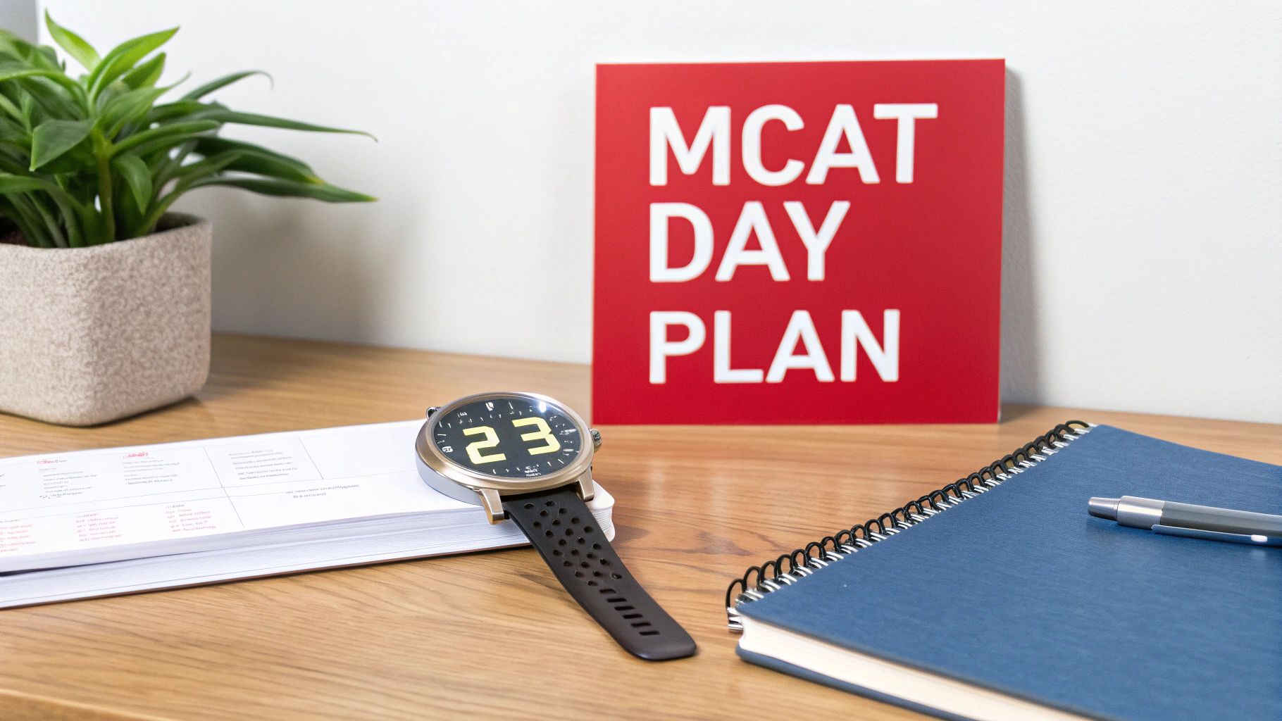 MCAT day plan sign on desk with watch, notebook, and study materials for test preparation