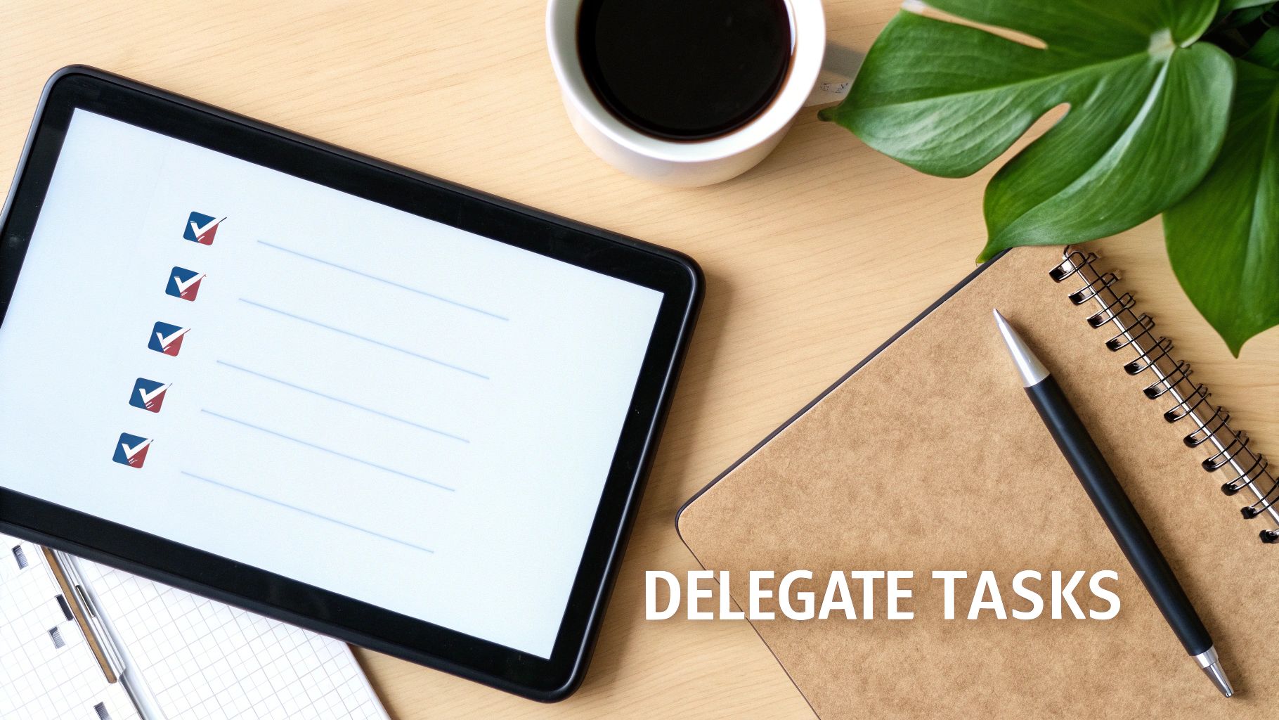 Flat lay of a work desk with a tablet displaying a to-do list, coffee, and delegate tasks reminder.