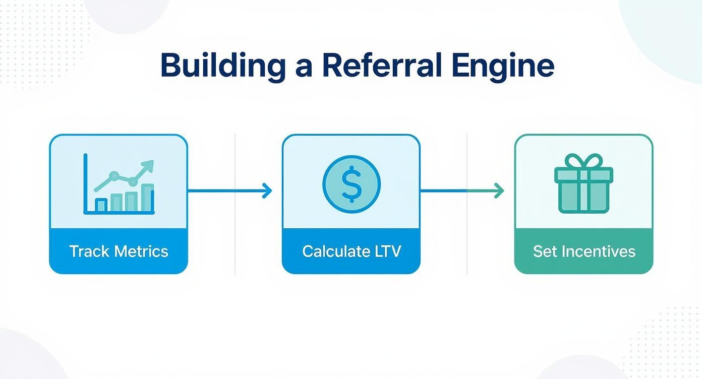 A diagram of the Referral Flywheel, showing the steps: Identify Delight, Ask, Make Sharing Effortless, Track, Thank/Reward, Showcase Social Proof, and Repeat in a continuous loop.
