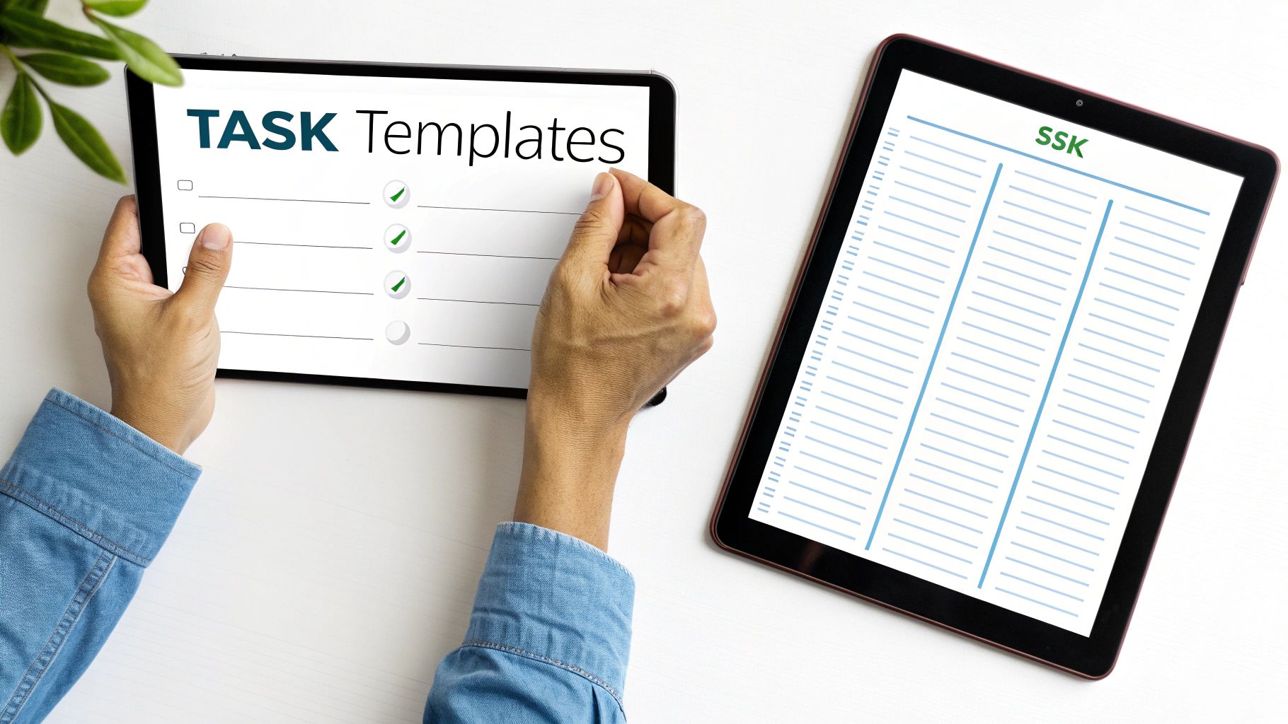 Hands holding a tablet displaying 'TASK Templates' with a checklist, next to another tablet.