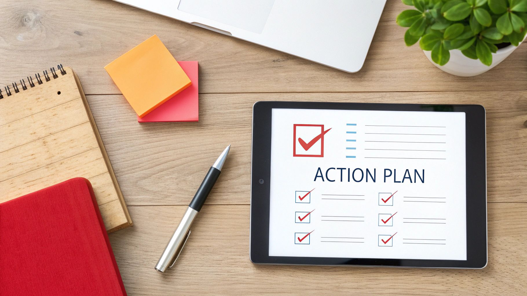 Digital tablet displaying an 'ACTION PLAN' checklist on a wooden desk with office supplies.