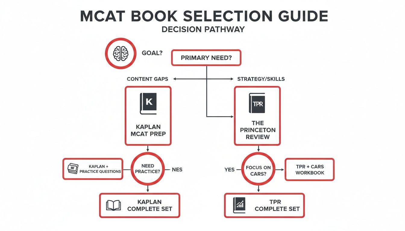 MCAT book selection guide flowchart detailing choices between Kaplan and Princeton Review based on study needs.