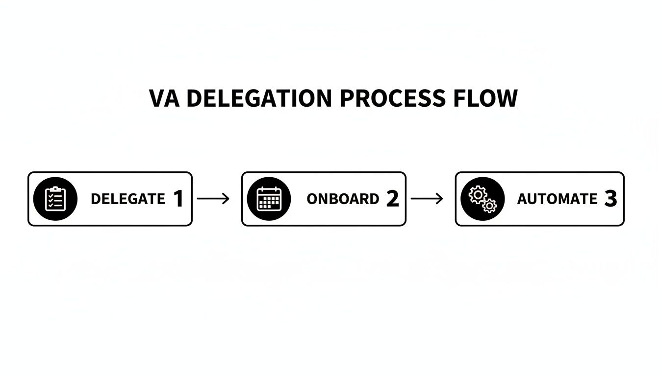 VA Delegation Process Flow diagram outlining three key steps: Delegate, Onboard, and Automate.