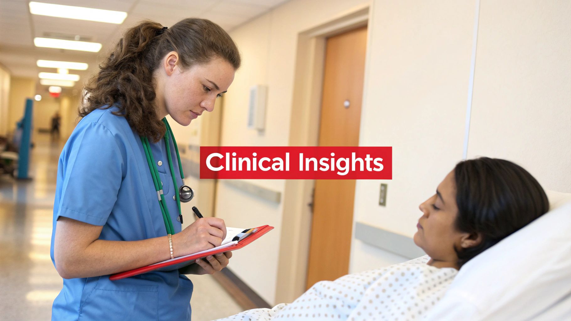 A nurse in blue scrubs writes on a clipboard next to a patient in a hospital bed.