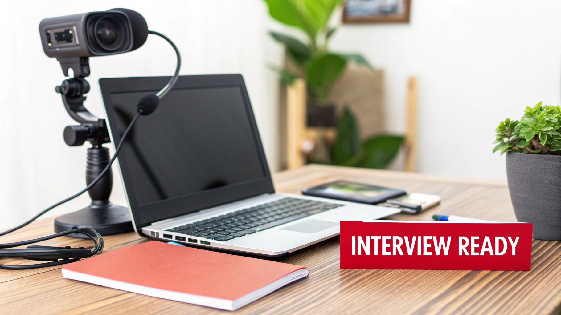 Desk setup with laptop, external webcam, microphone, notebook, and 'INTERVIEW READY' sign for an online interview.