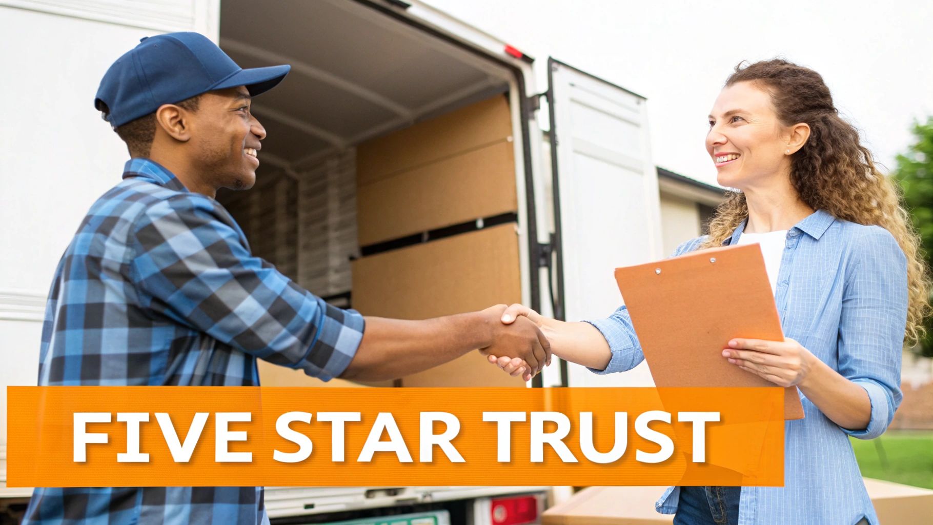 Happy diverse moving company workers shaking hands with a client near a truck filled with boxes.