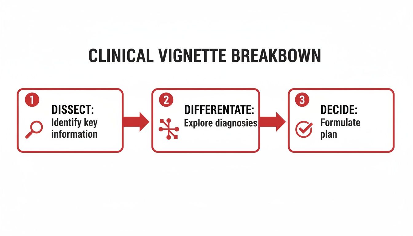 Flowchart illustrating a 3-step process for clinical vignette breakdown: dissect, differentiate, and decide.