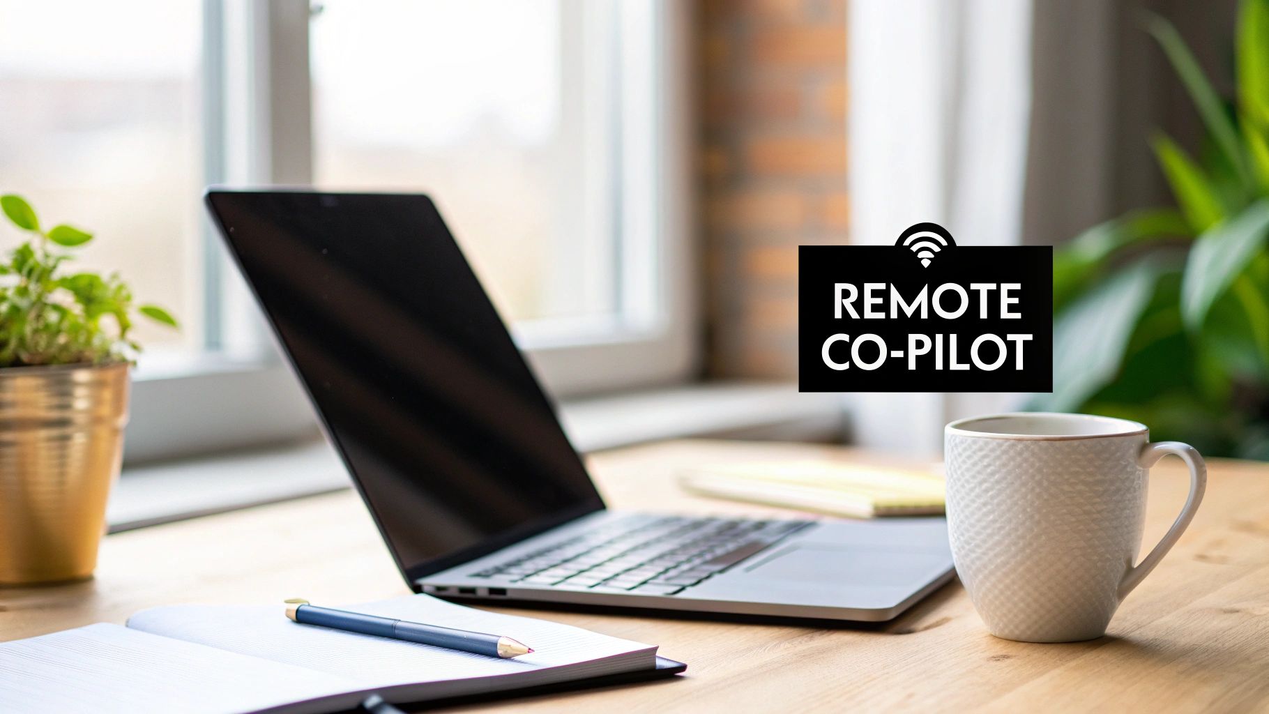A remote workspace with a laptop, notebook, coffee cup, and a plant on a wooden desk.