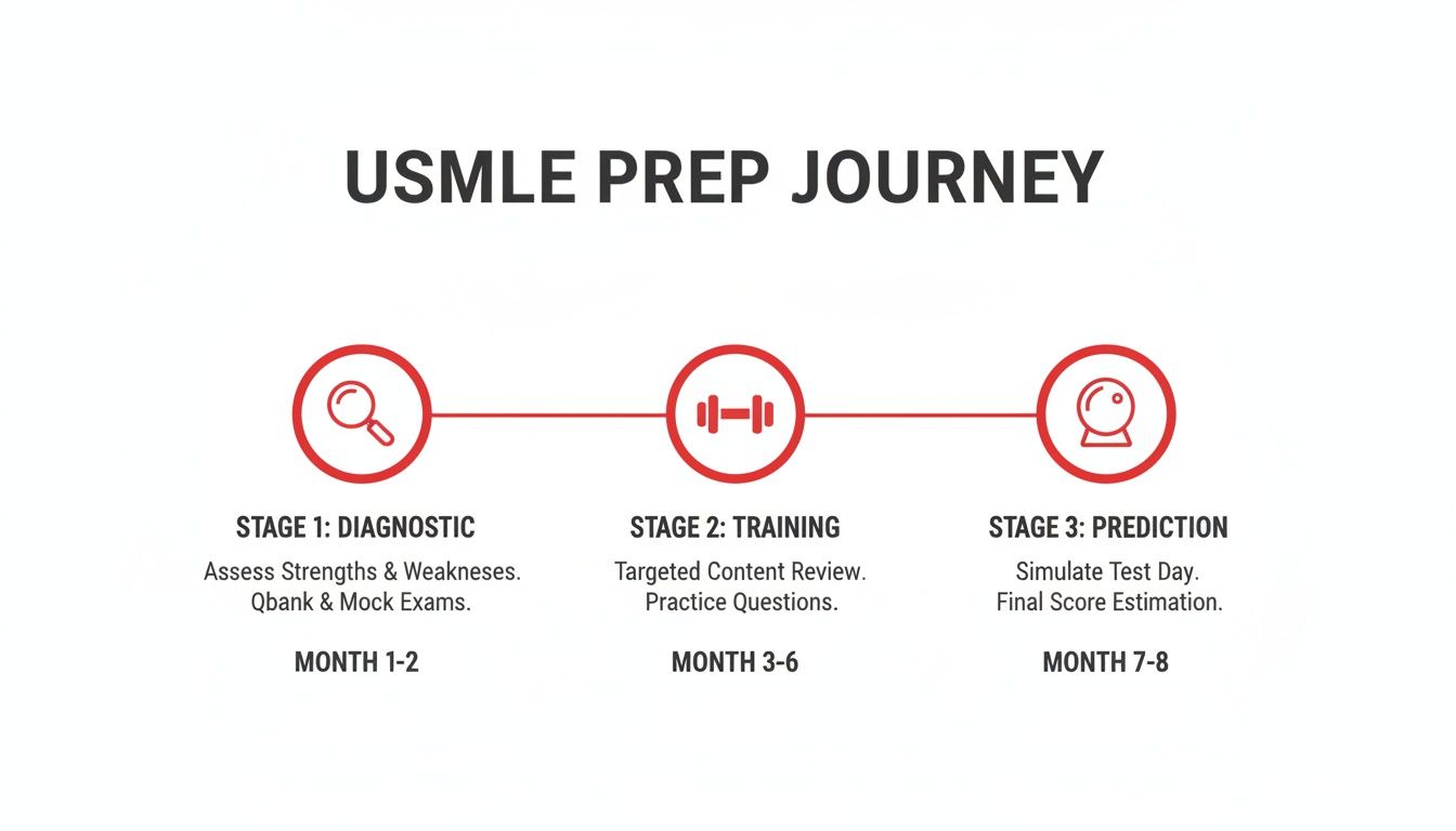 A diagram outlining the USMLE prep journey with three stages: diagnostic, training, and prediction, spanning 8 months.
