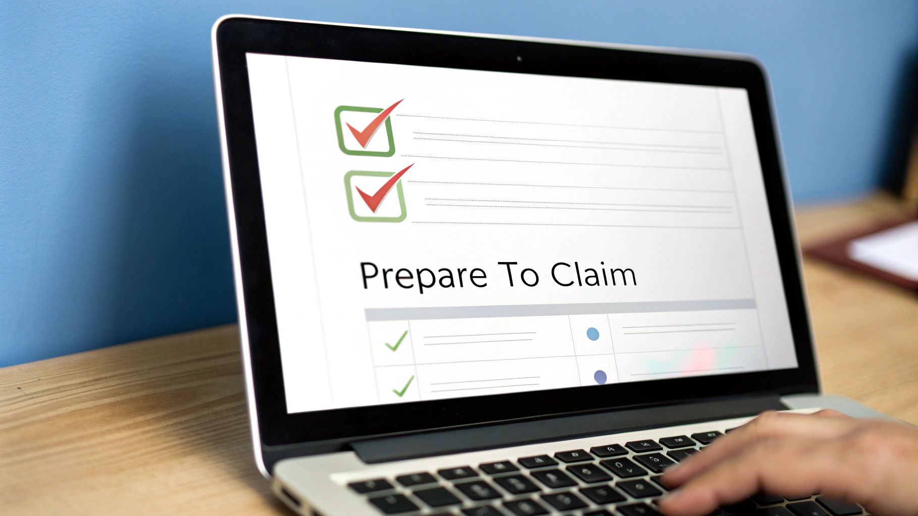 A person sitting at a desk with a laptop, looking at documents and charts, symbolizing preparation for a Facebook page claim.