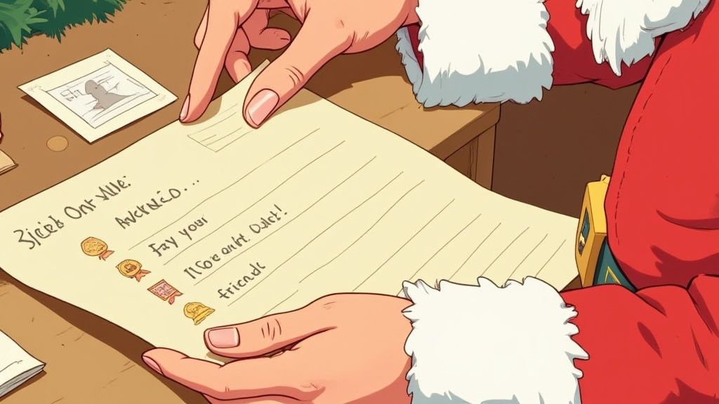 Close-up of Santa Claus's hands holding a letter with drawings and illegible text on a wooden desk.