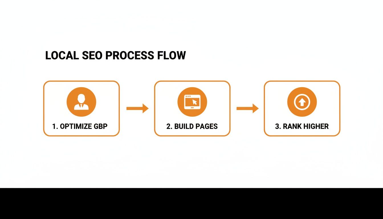 Flowchart illustrating the local SEO process: optimize Google Business Profile, build pages, and rank higher.