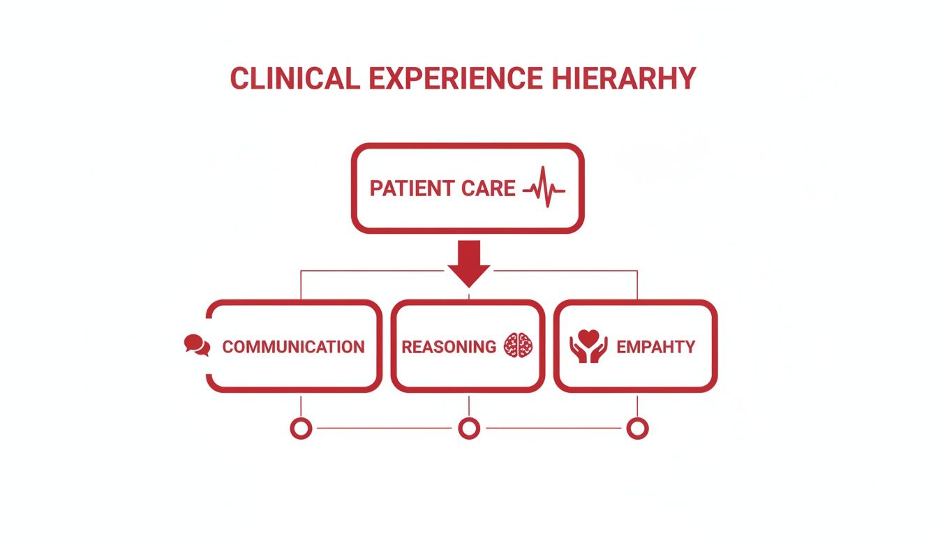 A clinical experience hierarchy flowchart illustrating patient care supported by communication, reasoning, and empathy skills.