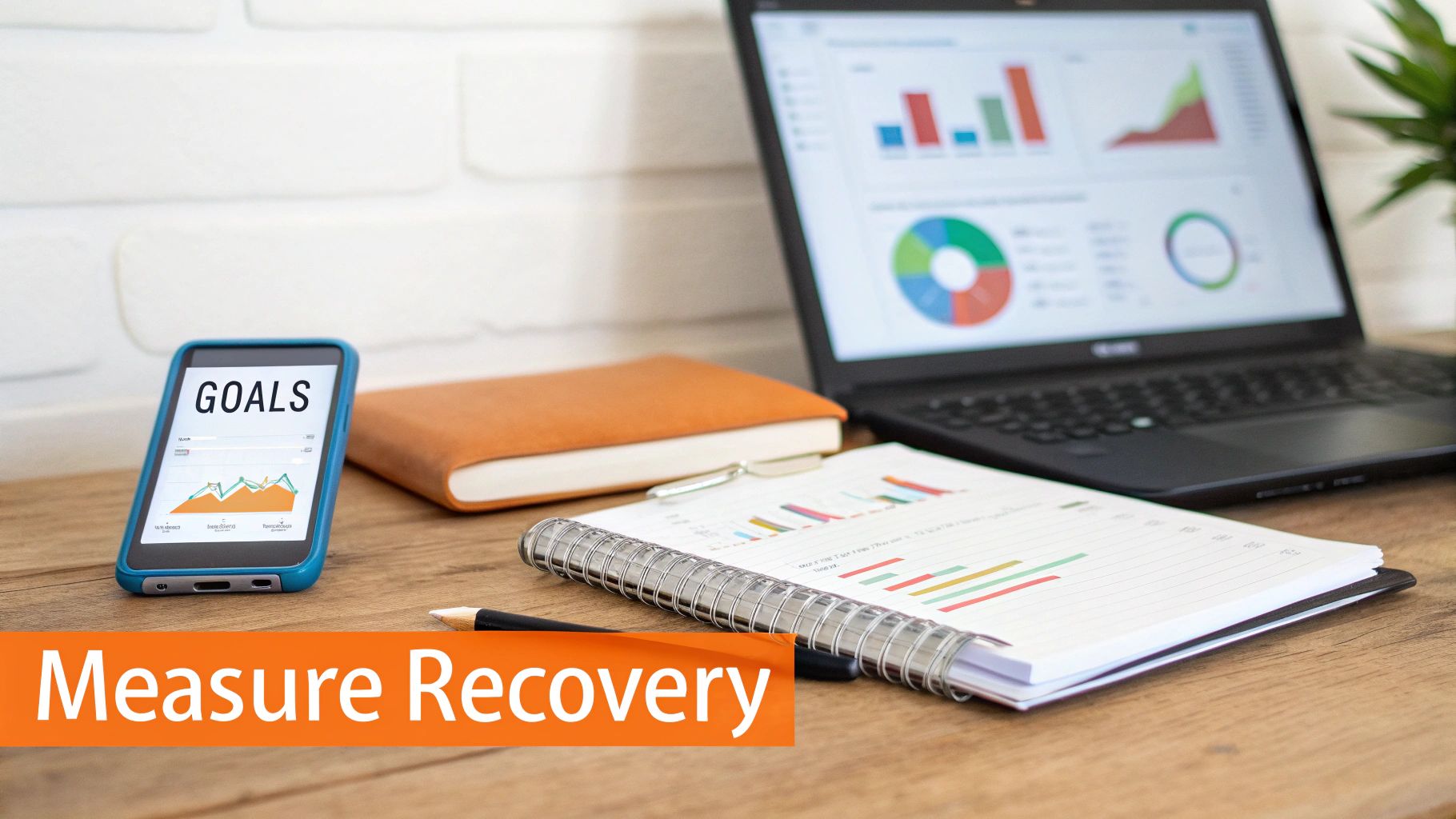 Desk with a smartphone showing "GOALS", a laptop displaying charts, a notebook, and "Measure Recovery" text.