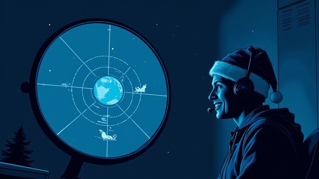 A person in a Santa hat and headphones happily monitors Santa's sleighs on a radar screen showing Earth.