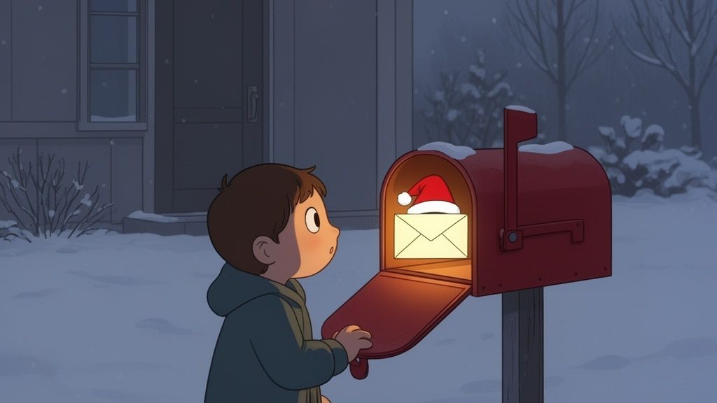 A young boy looks surprised at a glowing letter and Santa hat inside a red mailbox on a snowy evening.