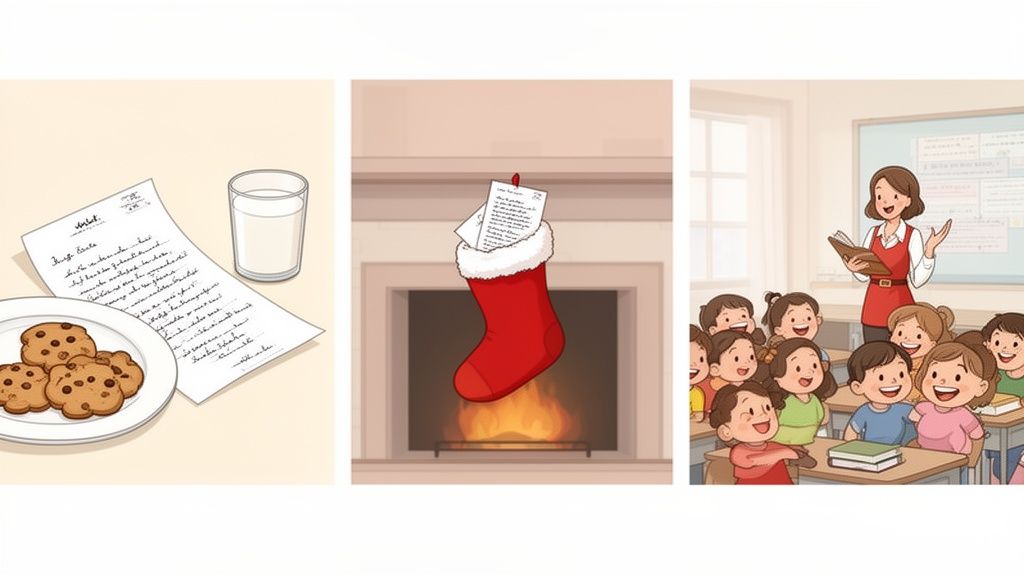 Cookies, milk, and a letter for Santa, a Christmas stocking over a fireplace, and a teacher reading to students.