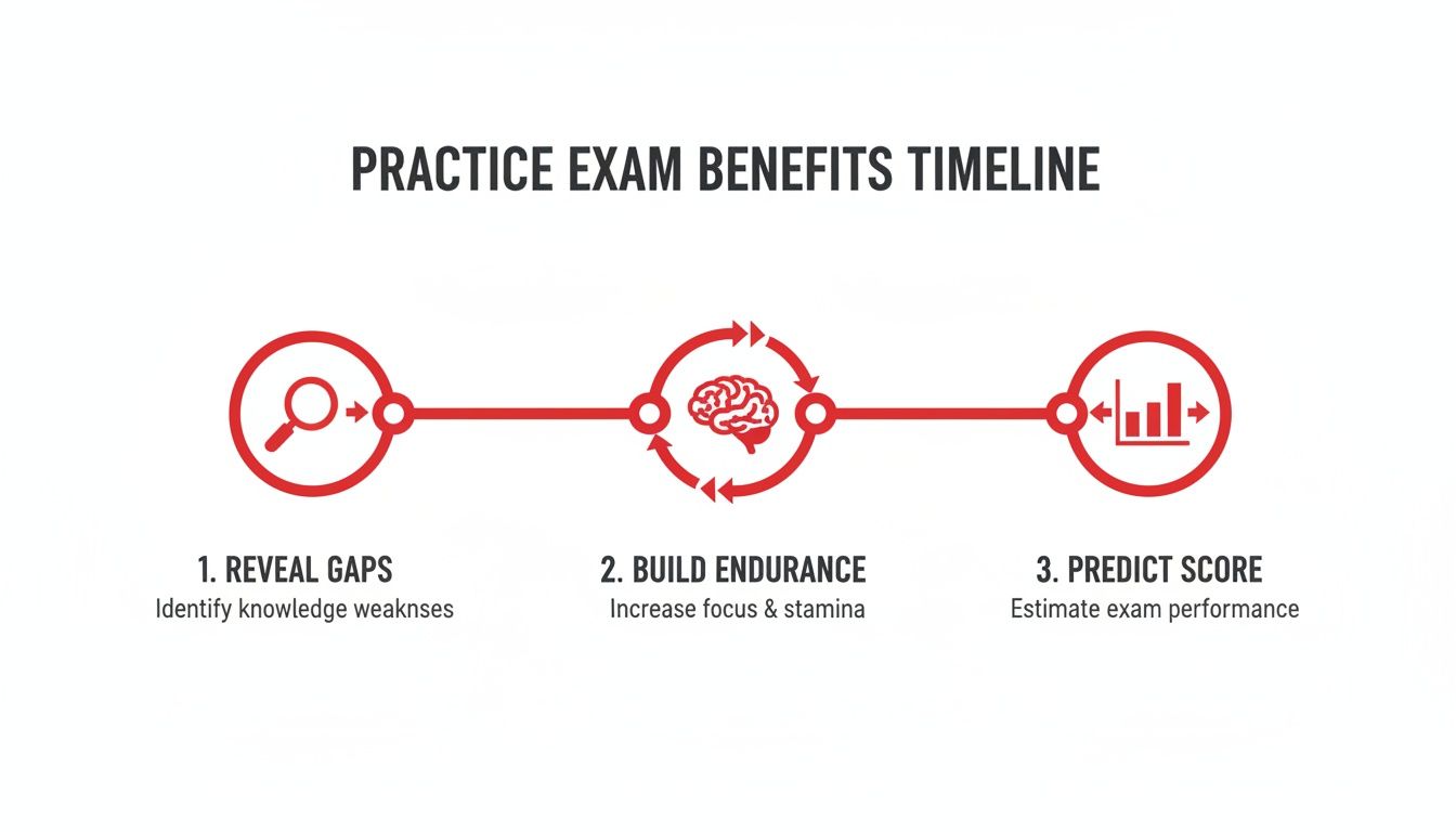 Timeline illustrating three key benefits of practice exams: revealing gaps, building endurance, and predicting scores.