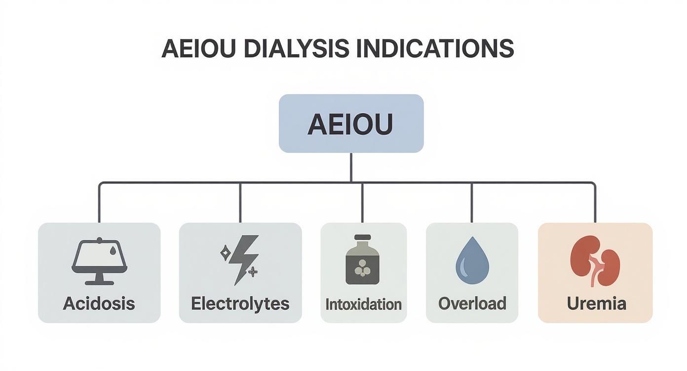 AEIOU dialysis indications flowchart showing acidosis, electrolytes, intoxidation, overload, and uremia categories with icons