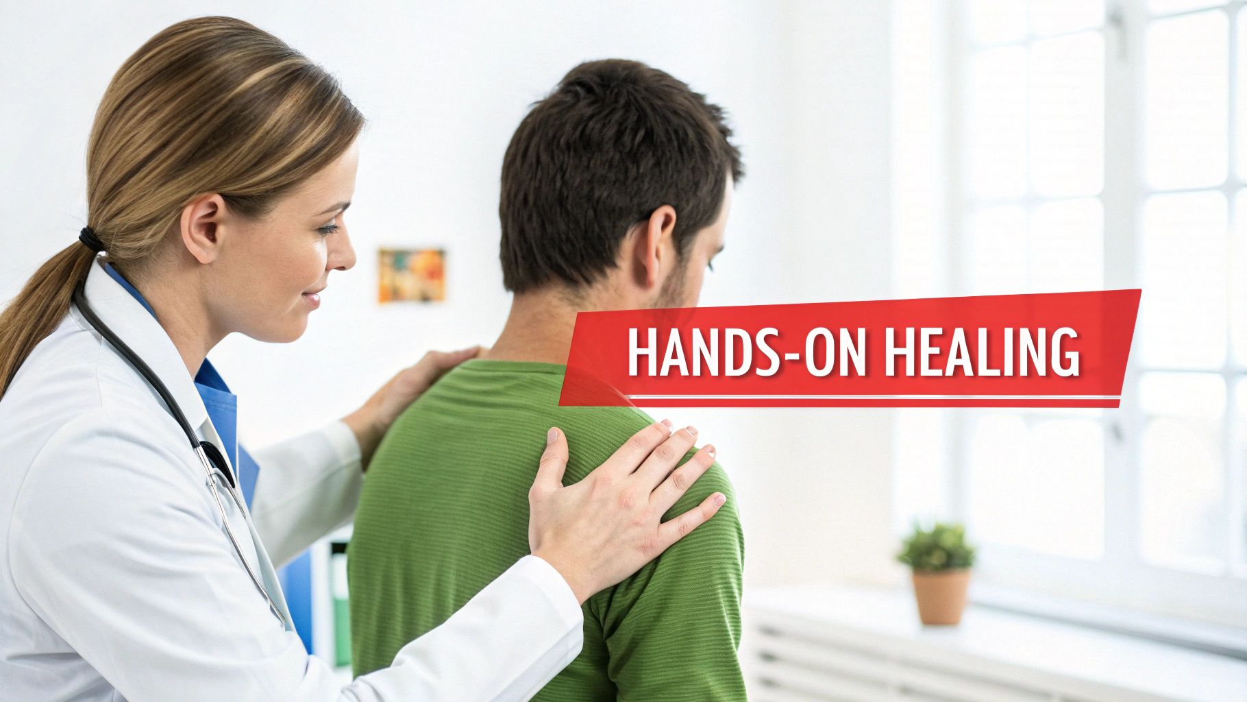 A female doctor provides hands-on osteopathic treatment to a male patient's shoulders in a clinic.