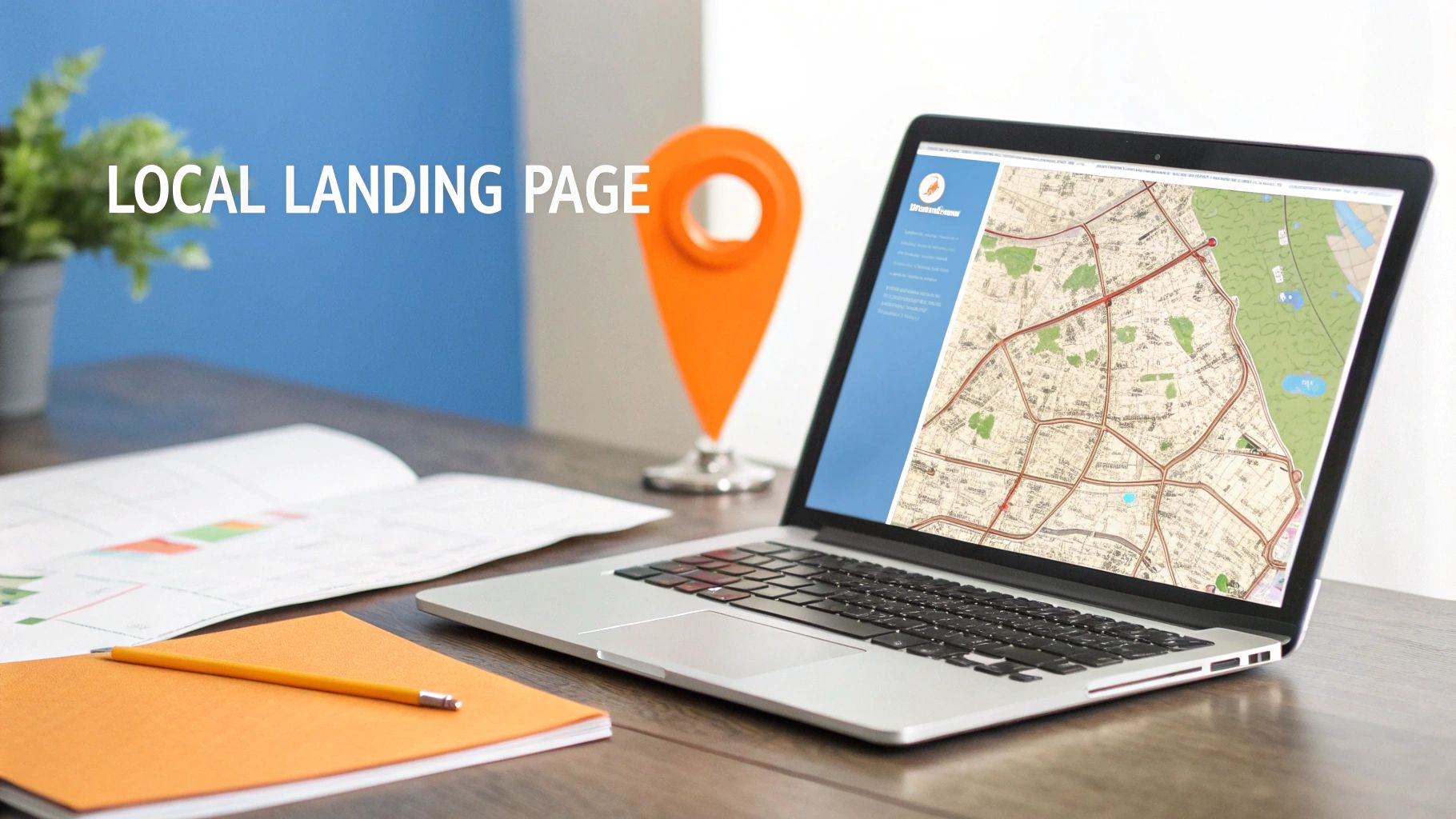 Laptop displaying a map and location pin on a desk, illustrating local landing page concepts.