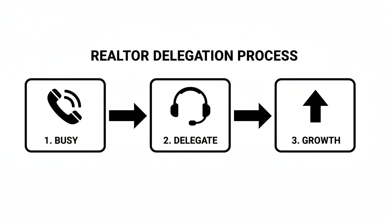 Flowchart illustrating the realtor delegation process: from busy phone calls to growth via delegation.