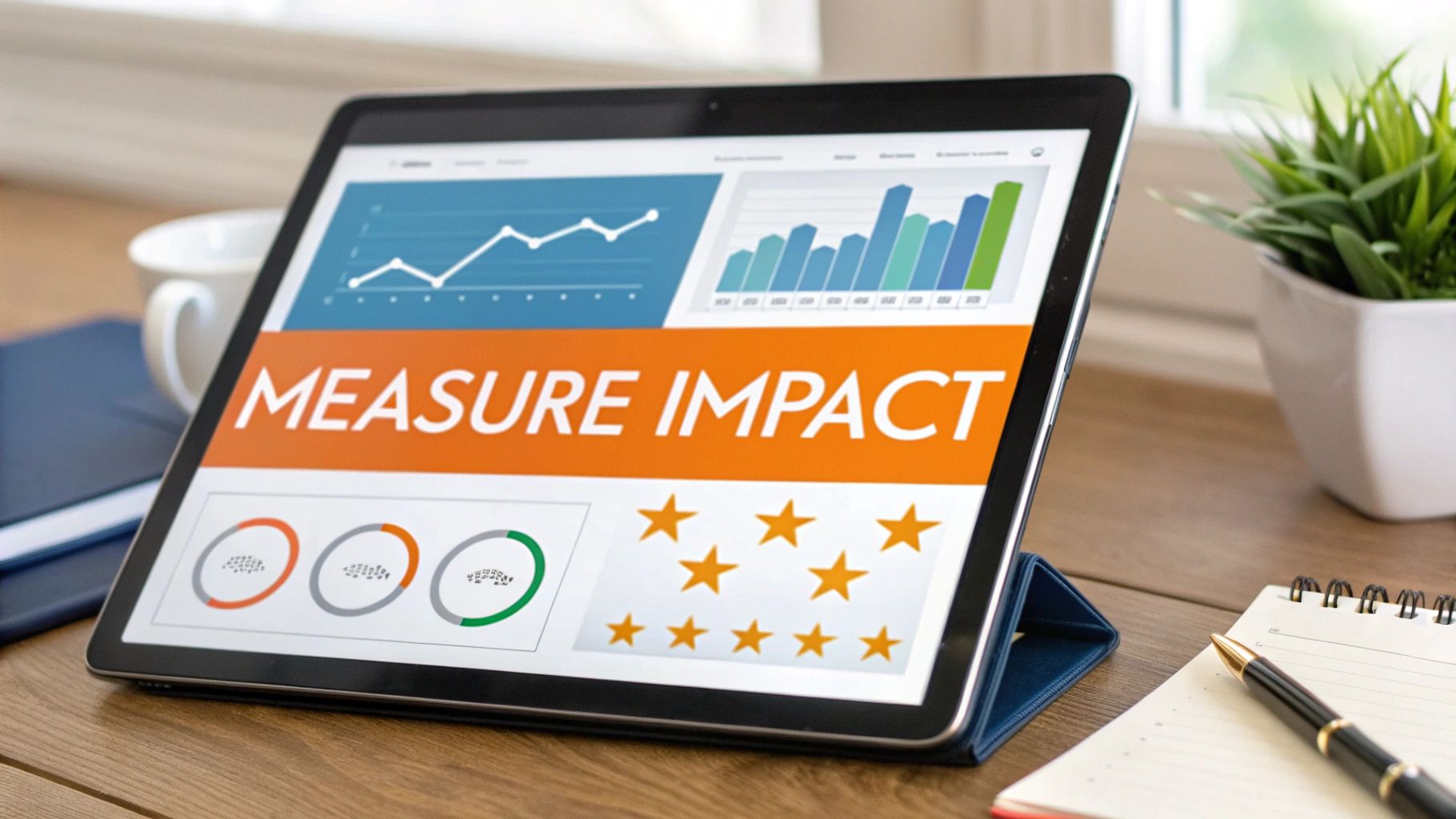 A tablet displays a dashboard with 'MEASURE IMPACT' text, charts, progress circles, and star ratings.