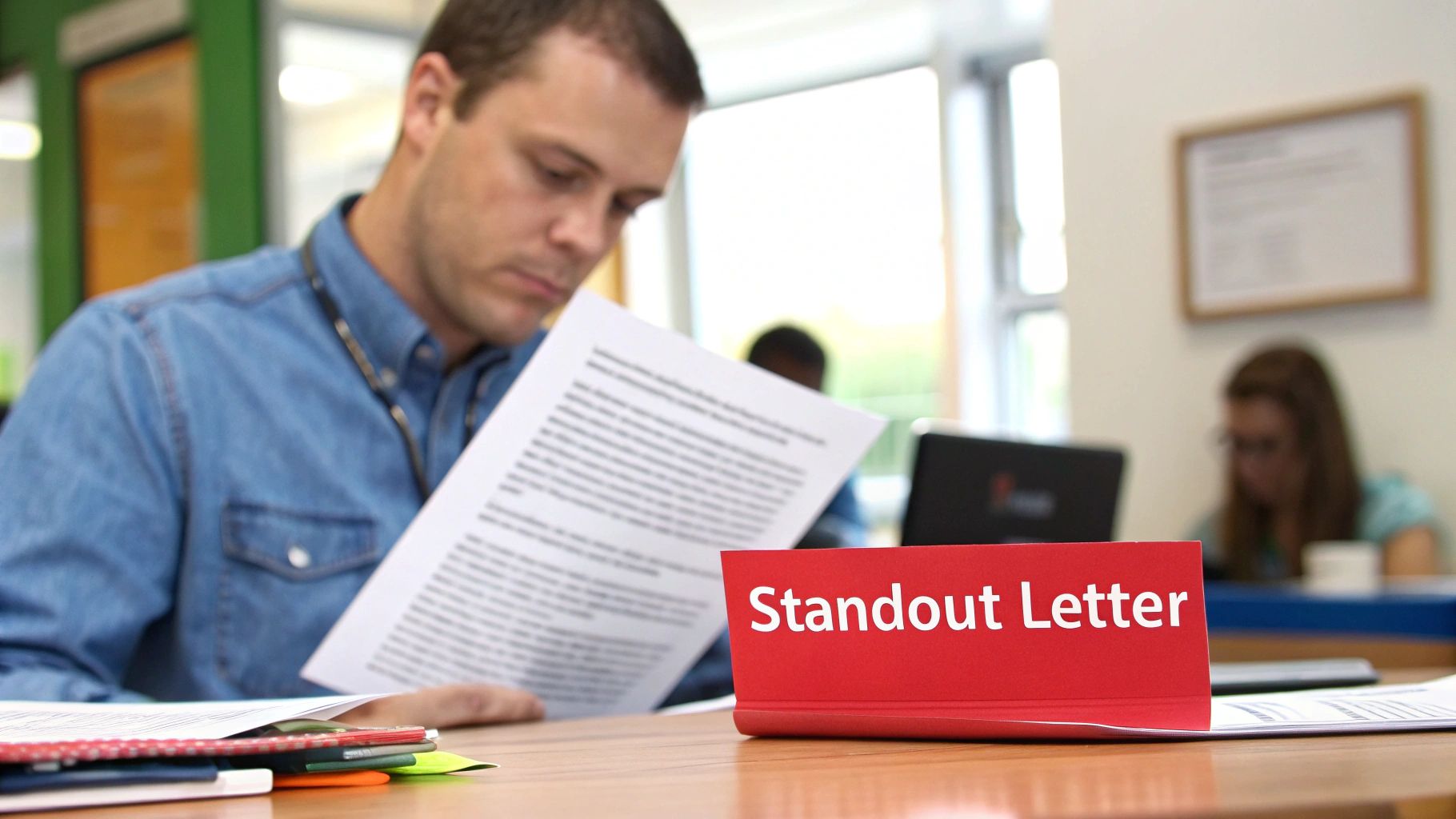 Man in a denim shirt intently reads a document, with a red "Standout Letter" sign on the table.