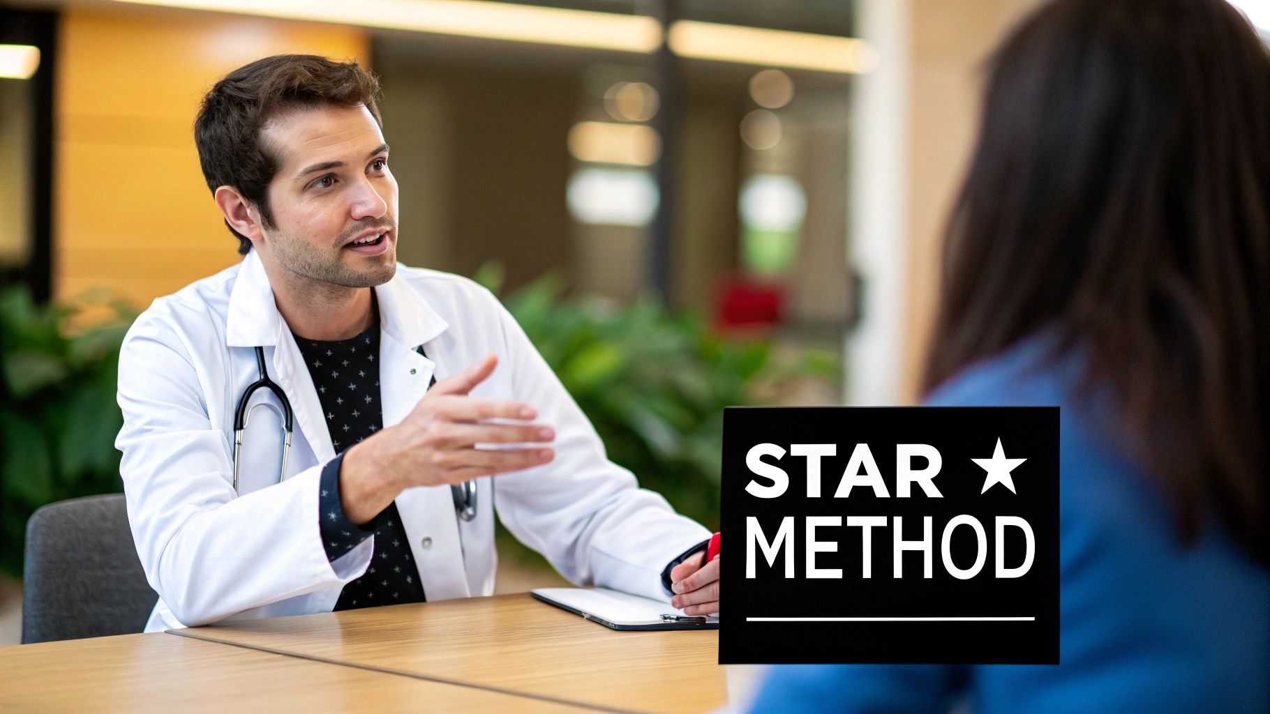 Two medical professionals sitting at a table discussing documents, symbolizing interview preparation.