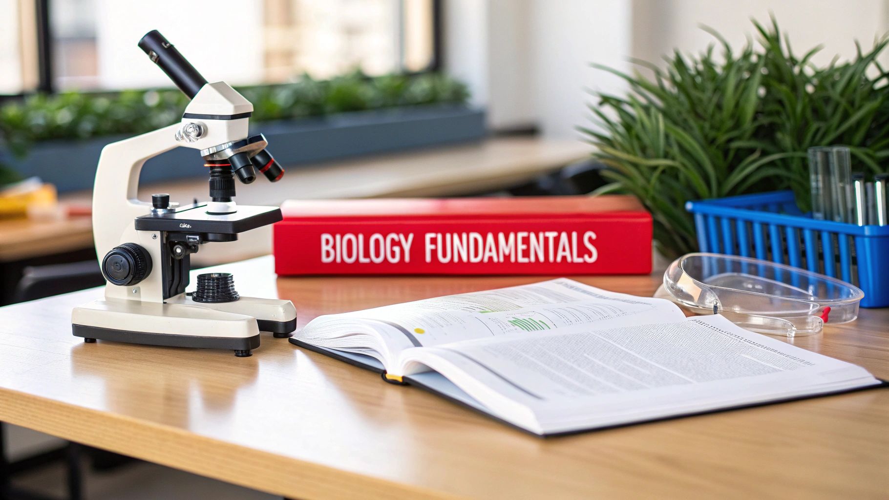 A biology study desk with a microscope, open textbook, test tubes, and petri dish.