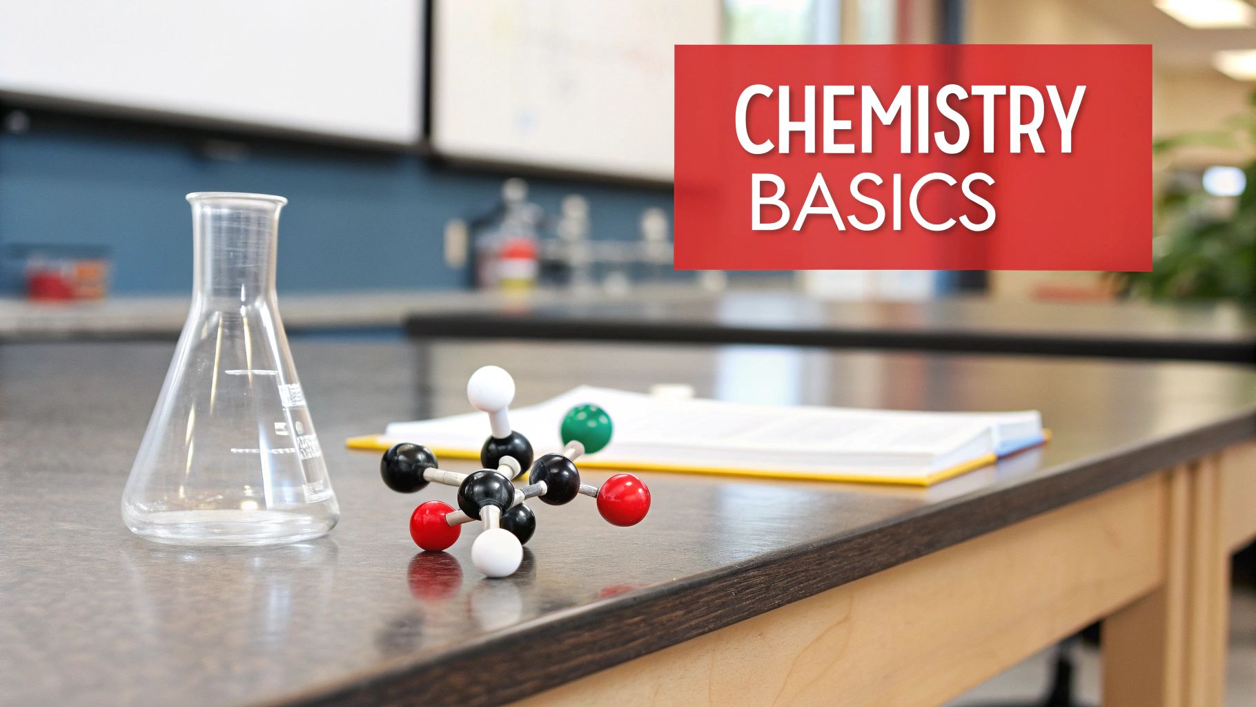 A chemistry classroom table featuring an Erlenmeyer flask, molecular model, and a book, with a 'CHEMISTRY BASICS' sign.