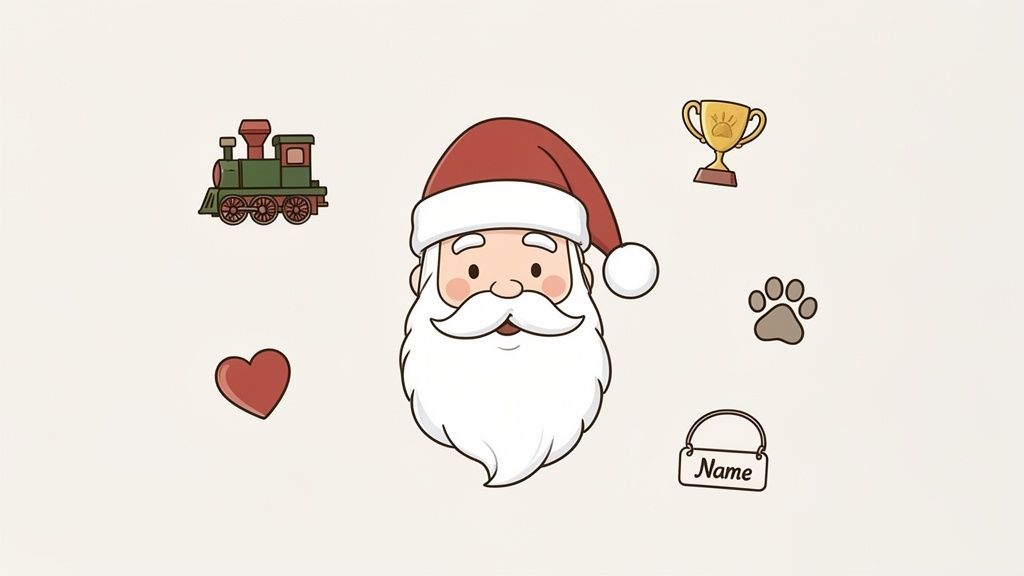 A cheerful cartoon Santa Claus face surrounded by festive icons like a toy train, heart, trophy, paw print, and a name tag.