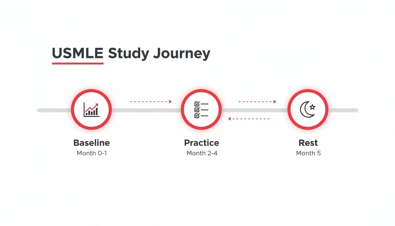 A visual timeline depicting the USMLE study journey with three main stages: Baseline, Practice, and Rest, showing recommended months.