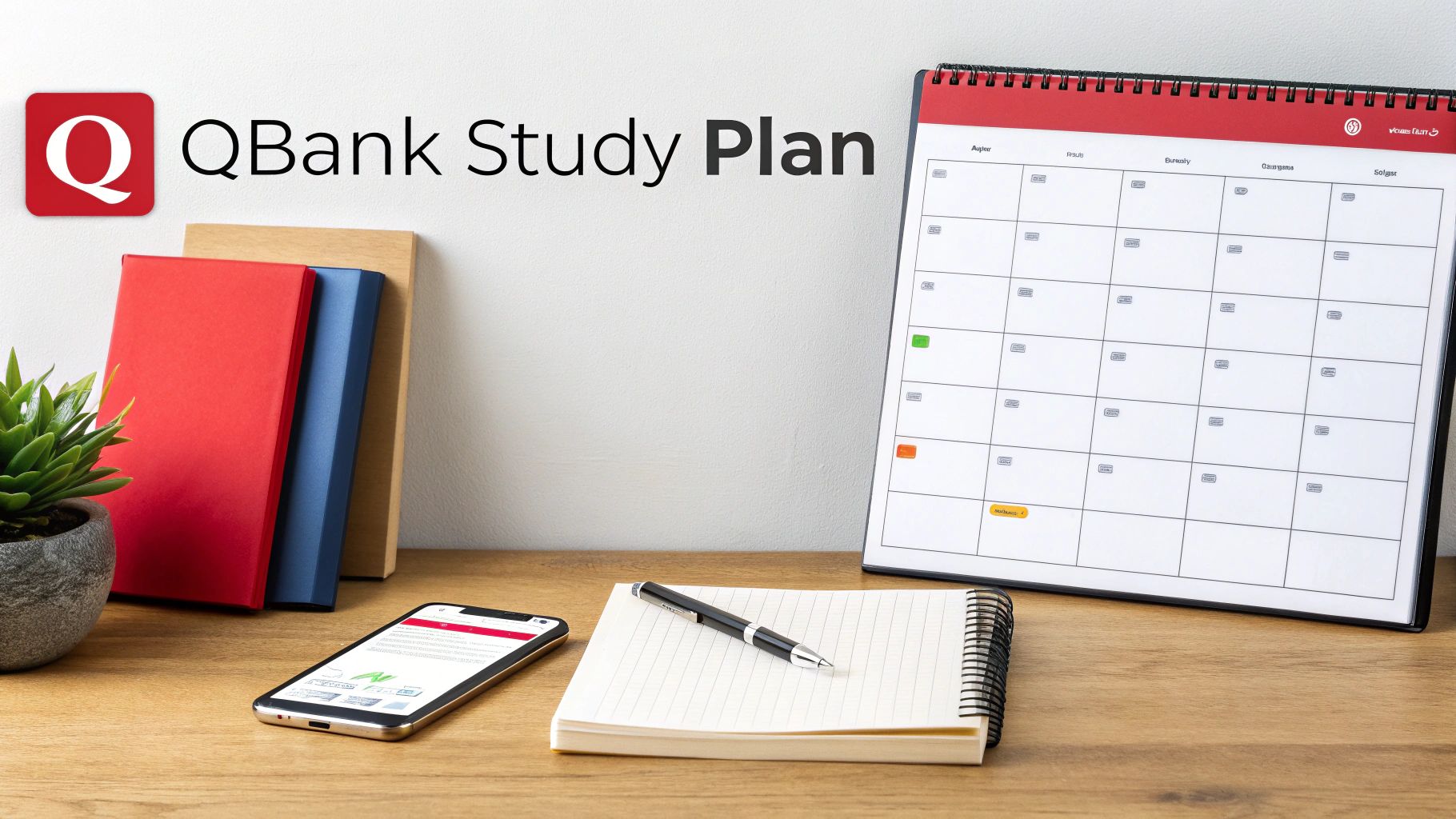 A QBank Study Plan title on a wall with a desk setup, calendar, books, phone, and notebook.