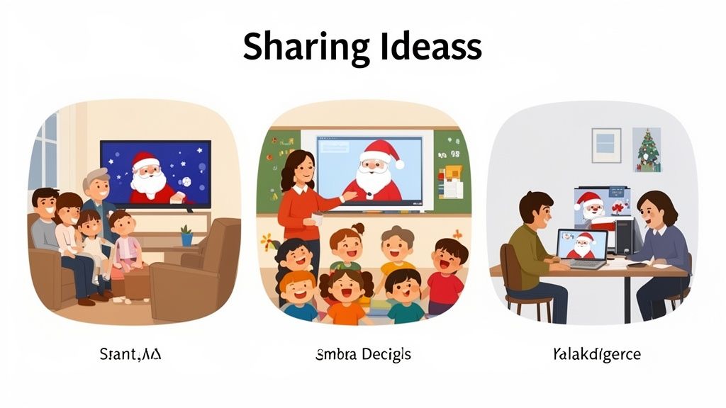 Diverse groups, including a family, students with a teacher, and adults, interact with Santa Claus on various screens.